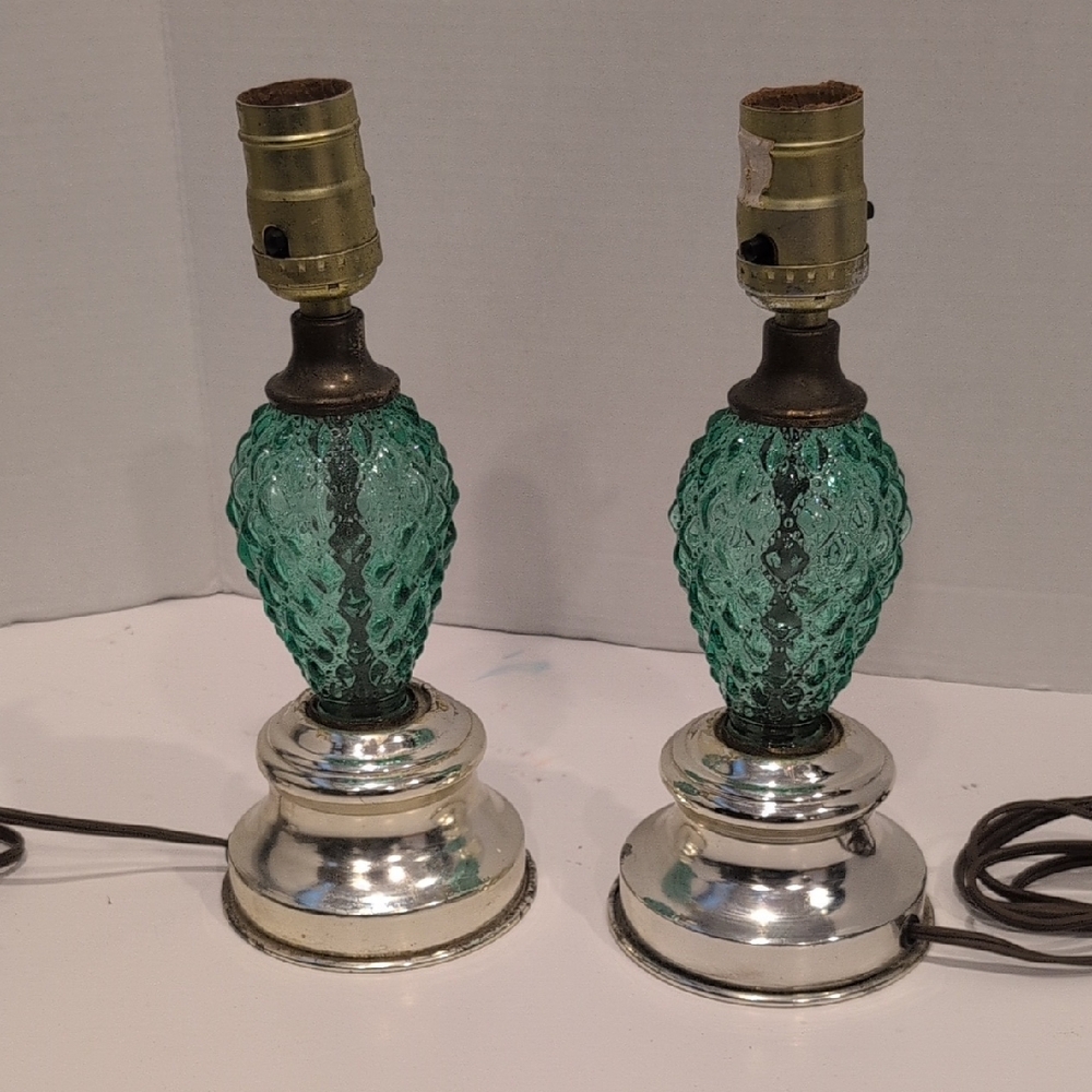 2 Vintage Green Glass Table Lamps
